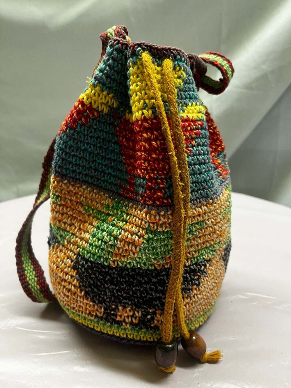 Handmade Wayuu Mochila Crochet Drawstring Bucket Bag Multicolor Boho Festival